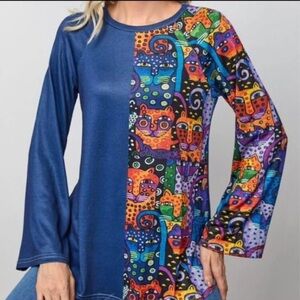 Colorful Cat Print Long Sleeve Top